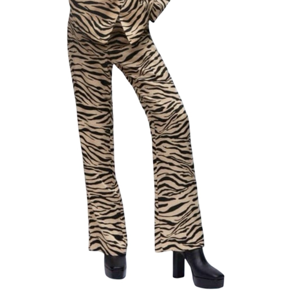 Zara Black and Tan Zebra Animal Print Satin Pants With Back Slit XS Y2K Silky